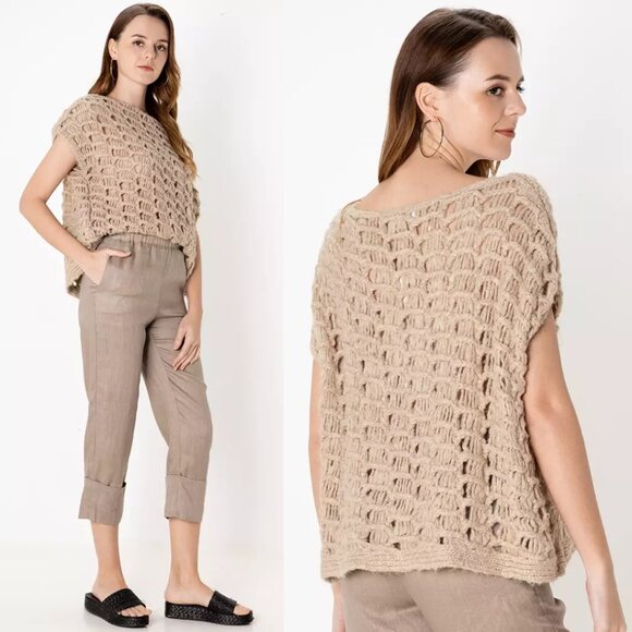 Zara Beige Chunky Open Knit Boxy Fit Short Sleeve Sweater - Picture 1 of 8